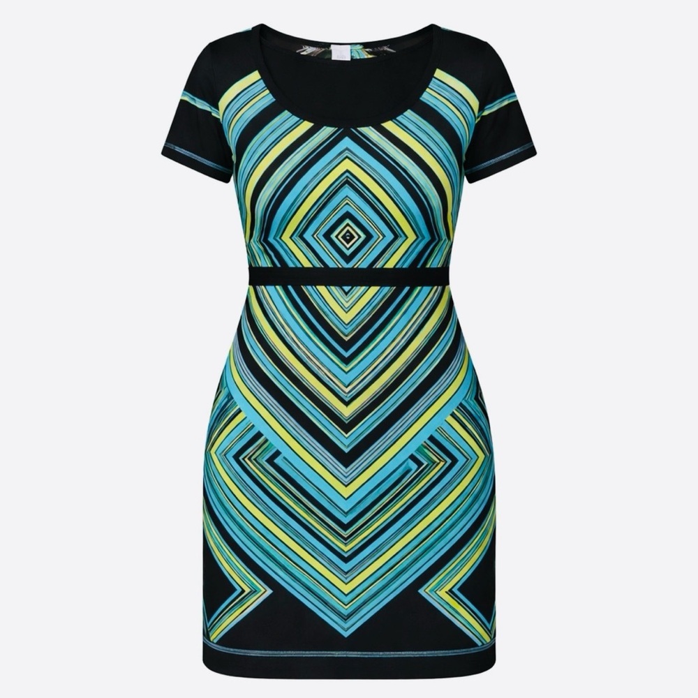 Calvin Klein Sheath Dress Size 12 Blue Green Chevron Print Short Sleeve - Picture 2 of 6